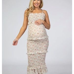 Pinkblush Ivory Floral Chiffon smocked Midi dress